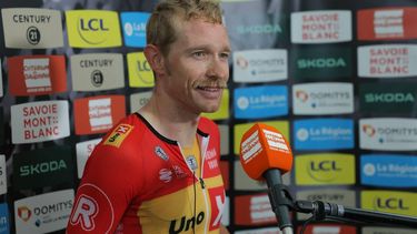 Team Uno-X's Danish rider Magnus Cort Nielsen speaks to the press after winning the second stage of the 76th edition of the Criterium du Dauphine cycling race, 142km between Gannat and Col de la Loge, near La Chamba, central France, on June 3, 2024. 
Thomas SAMSON / AFP