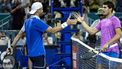 epa11248950 Grigor Dimitrov of Bulgaria (L) salutes Carlos Alcaraz of Spain after winning the men's quarterfinals match at the 2024 Miami Open tennis tournament, in Miami, Florida, USA, 28 March 2024.  EPA/CRISTOBAL HERRERA-ULASHKEVICH