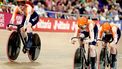 2023-08-03 11:34:09 epa10782717 Team Netherlands in action in the Women's Elite Team Sprint qualification at the UCI Cycling World Championships 2023 in Glasgow, Britain, 03 August 2023.  EPA/ADAM VAUGHAN