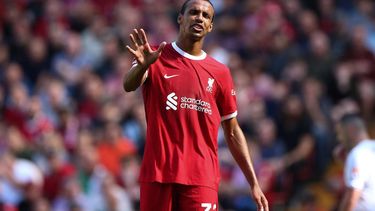 epa10837789 Joel Matip of Liverpool reacts during the English Premier League soccer match between Liverpool FC and Aston Villa FC in Liverpool, Britain, 03 September 2023.  EPA/ADAM VAUGHAN EDITORIAL USE ONLY. No use with unauthorized audio, video, data, fixture lists, club/league logos or 'live' services. Online in-match use limited to 120 images, no video emulation. No use in betting, games or single club/league/player publications.