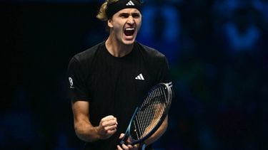 Germany's Alexander Zverev reacts during his match against USA's Ben Shelton at the ATP Finals tennis tournament in Turin on November 9, 2025. 
Marco BERTORELLO / AFP