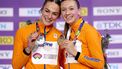 epa11195410 Gold medalist Femke Bol (R) of the Netherlands and silver medalist Lieke Klaver of the Netherlands during the medal ceremony for Women's 400m final at the World Athletics Indoor Championships in Glasgow, Britain, 02 March 2024.  EPA/ADAM VAUGHAN
