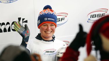 epa11774486 Winner Kimberley Bos of Netherlands reacts at the finish during the women's Skeleton race at the IBSF Bob & Skeleton World Cup in Sigulda, Latvia, 13 December 2024.  EPA/TOMS KALNINS
