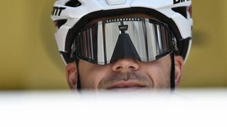 Team Jayco AlUla team's Dutch rider Dylan Groenewegen, wearing a nose-cover attachement on his sunglasses dubbed in media outlets as the 