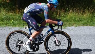 Soudal Quick-Step's Dutch rider Pepijn Reinderink cycles in a breakaway during the 5th stage of the Tour Auvergne-Rhone-Alpes cycling race (formerly known as the Criterium du Dauphine), 195,8km between Saint-Chamond and Villars-les-Dombes, central France, on June 11, 2026. 
Anne-Christine POUJOULAT / AFP