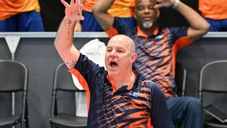 epa13098523 Netherlands' head coach Joel Banks reacts during the CEV Volleyball European League 2026 Men final 1st leg match between Finland and Netherlands, in Nokia, Finland, 08 July 2026.  EPA/KIMMO BRANDT