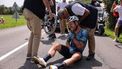 2023-07-08 17:40:54 Astana Qazaqstan Team's British rider Mark Cavendish receives medical attention after suffering a crash during the 8th stage of the 110th edition of the Tour de France cycling race, 201 km between Libourne and Limoges, in central western France, on July 8, 2023. 
Thomas SAMSON / AFP