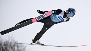 Japan's Ryoyu Kobayashi soars through the air during the trial round of the fourth stage of the Four-Hills tournament (Vierschanzentournee) as part of the FIS Ski Jumping World Cup, in Bischofshofen, Austria, on January 6, 2024. 
KERSTIN JOENSSON / AFP