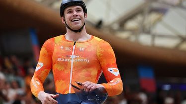 Netherlands' #168 Harrie Lavreysen reacts after winning gold in the men's sprint event final at the 2025 UCI Track World Championships, in the Penalolen Velodrome in Santiago, on October 26, 2025. 
Javier TORRES / AFP