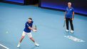 Greece's Stefanos Tsitsipas is watched by his coach and father Apostolos Tsitsipas during a practice session at Ken Rosewall Arena in Sydney on December 29, 2023, ahead of the United Cup mixed tennis teams event. 
DAVID GRAY / AFP