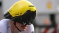 Team Visma-Lease a Bike's Dutch cyclist Olav Kooij, wearing his time trial helmet, crosses the finish line of the 3rd stage of the Paris-Nice cycling race, 26,9 km team time trial between Auxerre and Auxerre, on March 5, 2024. 
Thomas SAMSON / AFP