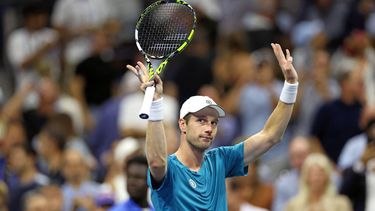 Netherlands' Botic van De Zandschulp celebrates his victory over Spain's Carlos Alcaraz during their men's singles second round tennis match on day four of the US Open tennis tournament at the USTA Billie Jean King National Tennis Center in New York City, on August 29, 2024. 
CHARLY TRIBALLEAU / AFP