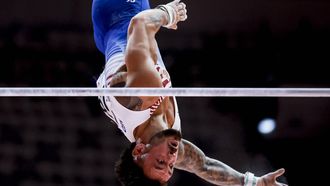epa12464526 Bart Deurloo of Netherlands performs in the Men's Horizontal Bar at the FIG Artistic Gymnastics World Championships 2025 in Jakarta, Indonesia, 19 October 2025.  EPA/MAST IRHAM