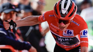 Overall leader team Visma-Lease a bike's Danish rider Jonas Vingegaard celebrates as he crosses the finish line to win the 20th stage of the Vuelta a Espana 2025, a 156 km race between Robledo de Chavela and Bola del Mundo, near Navacerrada, on September 13, 2025.   
Oscar DEL POZO / AFP