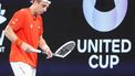 Netherlands' Tallon Griekspoor breaks his racquet during his men's singles match against Croatia's Borna Coric at the United Cup tennis tournament on Ken Rosewall Arena in Sydney on January 2, 2024. 
DAVID GRAY / AFP