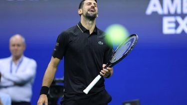 Serbia’s Novak Djokovic reacts during his men's singles third round match against Britain’s Cameron Norrie on day six of the US Open tennis tournament at the USTA Billie Jean King National Tennis Center in New York City on August 29, 2025. 
CHARLY TRIBALLEAU / AFP