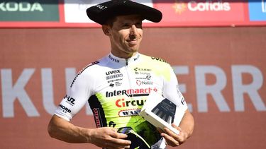 2023-09-10 17:27:38 Team Intermarche Wanty's Portuguese rider Rui Costa celebrates on the podium winning the stage 15 of the 2023 La Vuelta cycling tour of Spain, a 158,3 km race between Pamplona and Lekunberri on September 10, 2023. 
ANDER GILLENEA / AFP