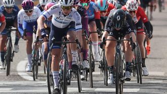 epa10559754 Dutch Lorena Wiebes (L) of Team SD Worx beats Dutch Charlotte Kool (R) Team DSM on the finish line to win the Women's edition of the Scheldeprijs cycling race over 131.6km with start and finishg in Schoten, Belgium, 05 April 2023.  EPA/OLIVIER HOSLET