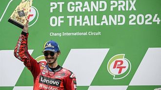 Ducati Lenovo Team's Italian rider Francesco Bagnaia celebrates on the podium after winning the MotoGP Thailand Grand Prix at the Buriram International Circuit in Buriram on October 27, 2024. 
Lillian SUWANRUMPHA / AFP