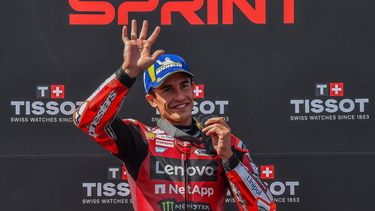 Team Ducati Lenovo Team's Marc Marquez celebrates winning the Sprint at the Balaton Park Circuit in Balatonfokajar, Hungary, on June 6, 2026, ahead of the Hungarian Motorcycle MotoGP Grand Prix.  
FERENC ISZA / AFP