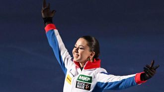 Russia's figure skater Kamila Valieva greets fans before competing in the women's free skating event during the Russian Grand Prix of Figure Skating at the Megasport arena in Moscow on November 26, 2023. 
Natalia KOLESNIKOVA / AFP