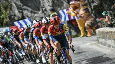 Lidl - Trek team's Belgian rider Jasper Stuyven leads the pack of riders (peloton) during the 19th stage of the 112th edition of the Tour de France cycling race, 93.1 km  between Albertville and La Plagne, in the French Alps, on July 25, 2025. The 19th stage of the Tour de France was shorted from its initial 129.9 km route, bypassing the Col des Saisies where an outbreak of nodular dermatitis in a herd of cattle was discovered, prompting organizers to modify the race route.
Marco BERTORELLO / AFP