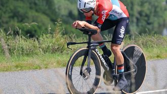 Team Lotto's Danish rider Andreas Kron competes in the fourth stage of the 76th edition of the Criterium du Dauphine cycling race, 34,4km individual time trial between Saint-Germain-Laval and Neulise, central France, on June 5, 2024. 
Thomas SAMSON / AFP