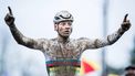 Dutch Mathieu Van Der Poel celebrates as he crosses the finish line to win the men's elite race of the 'GP Sven Nys' cyclocross cycling event, stage 4 out of 8 of the X2O Badkamers 'Trofee Veldrijden' competition, in Baal on January 1, 2024. 
JASPER JACOBS / Belga / AFP