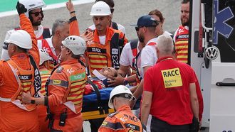 2023-09-03 16:07:43 Ducati Italian rider Francesco Bagnaia is taken into an ambulance on a stretcher after a fall during the MotoGP race of the Moto Grand Prix de Catalunya at the Circuit de Catalunya in Montmelo, on the outskirts of Barcelona, on September 3, 2023. 
LLUIS GENE / AFP