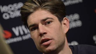 Team Visma-Lease a Bike's Belgian cyclist Wout van Aert speaks during an interview at the presentation of their team for 2025 at a hotel in La Nucia, near Alicante, eastern Spain on January 14, 2025. 
JOSE JORDAN / STR / AFP