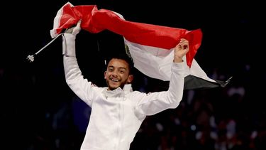 epa11504396 Mohamed Elsayed of Egypt celebrates after beating Tibor Andrasfi of Hungary in the Men Epee Individual bronze medal bout in the Fencing competitions in the Paris 2024 Olympic Games, at the Grand Palais in Paris, France, 28 July 2024.  EPA/RITCHIE B. TONGO