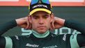 The points ranking leader, Team Visma's Wout van Aert, puts on the green jersey on the podium after the stage 9 of the Vuelta a Espana, a 178,5 km race between Motril and Granada, on August 25, 2024.   
Jorge GUERRERO / AFP
