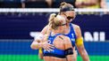 APELDOORN - Katja Stam en Raïsa Schoon tijdens de poulefase van het EK Beachvolleybal 2024. In drie Nederlandse steden wordt gestreden om de Europese titel. ANP IRIS VAN DEN BROEK