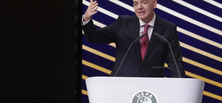 epa12730363 FIFA President Gianni Infantino delivers a speech during the 50th UEFA Ordinary Congress in Brussels, Belgium, 12 February 2026.  EPA/CHRISTOPHER NEUNDORF