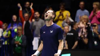 2023-09-15 16:26:45 epa10862486 Andy Murray of Great Britain reacts after beating Leandro Riedi of Switzerland in the Davis Cup Finals Group B match between Great Britain and Switzerland at the AO Arena in Manchester, Britain, 15 September 2023.  EPA/ADAM VAUGHAN