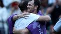 epa11457939 Jamie Murray of Britain (R) hugs his brother Andy Murray (L) after his post match interview following their loss in the Men's doubles 1st round match at the Wimbledon Championships, in Wimbledon, London, Britain, 04 July 2024.  EPA/ADAM VAUGHAN   EDITORIAL USE ONLY