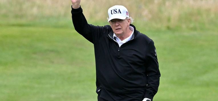 US President Donald Trump reacts as he plays golf at the Trump Turnberry Golf Courses, in Turnberry on the south west coast of Scotland on July 27, 2025, during the third day of his visit to the country, since his second tenure as President began. Trump and EU chief Ursula von der Leyen are set to meet later on July 27, in a decisive push to resolve a months-long transatlantic trade standoff with the US leader putting the chances of a deal at one in two.
ANDY BUCHANAN / AFP