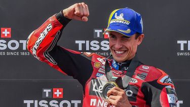 Team Ducati Lenovo Team's Marc Marquez celebrates winning the Sprint competition at the Balaton Park Circuit in Balatonfokajar, Hungary, on June 6, 2026, ahead of the Hungarian Motorcycle MotoGP Grand Prix.  
FERENC ISZA / AFP