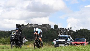 2023-08-11 17:02:46 Belgium's Remco Evenepoel takes part in the men's Individual Time Trial in Stirling during the UCI Cycling World Championships in Scotland on August 11, 2023. 
Oli SCARFF / AFP