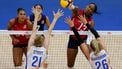 epa12189528 USA's Amber Igiede (C) in action against Netherlands' Britte Stuut (L) and Elles Dambrink (R) during the FIVB Volleyball Women's Nations League match between the Netherlands and USA in Belgrade, Serbia, 21 June 2025.  EPA/ANDREJ CUKIC