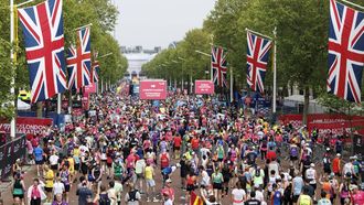 epa12058510 Runners finish the London Marathon in London, Britain, 27 April 2025. Taking place since 1981, the London Marathon is one of the most popular marathons in the world, with a record-breaking total of more than 56,000 people are expected to take part in the 2025 race.  EPA/TOLGA AKMEN