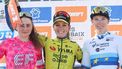 Second placed EF Education-Oatly's Italian rider Letizia Borghesi (L), First placed Team Visma-Lease a Bike's French rider Pauline Ferrand Prevot and SD Worx-Protime's Dutch rider Lorena Wiebes celebrate on the podium of the fifth edition of the Paris-Roubaix women's race, 148,5 km between Denain and Roubaix, northern France on April 12, 2025. 
Francois LO PRESTI / AFP