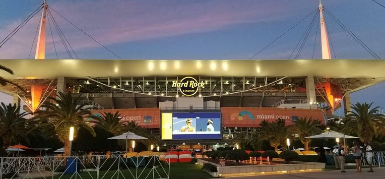 epa09142647 (FILE) - Exterior view of the Hard Rock Stadium at sunset during the Miami Open tennis tournament in Miami Gardens, Florida, USA, 26 March 2021 (re-issued on 18 April 2021). On 18 April 2021 Formula One organizers announced that the new Miami Grand Prix will join the F1 calendar in 2022. The race will be held on a new circuit at the Hard Rock Stadium complex in Miami Gardens.  EPA/RHONA WISE *** Local Caption *** 56790123