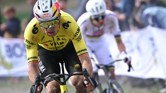 Team Visma - Lease a Bike's Belgian rider Wout van Aert cycles in a breakaway ahead of UAE Team Emirates XRG's Slovenian rider Tadej Pogacar during the 123rd edition of the Paris-Roubaix one-day classic cycling race, 258.3 km between Compiègne and Roubaix, northern France, on April 12, 2026.  
Bernard PAPON / POOL / AFP