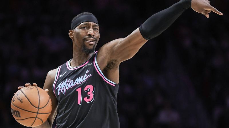 epa12767530 Miami Heat center Bam Adebayo gestures during the NBA basketball game between the Miami Heat and Memphis Grizzlies at the Kaseya Center in Miami, Florida, USA, 21 February 2026.  EPA/CRISTOBAL HERRERA-ULASHKEVICH  SHUTTERSTOCK OUT