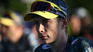 Team Visma - Lease a Bike team's Danish rider Jonas Vingegaard looks on during the team presentation for the 111th edition of the Tour de France cycling race, in Florence in Italy, on June 27, 2024. 
Marco BERTORELLO / AFP