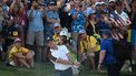 2023-09-30 19:27:17 Europe's Northern Irish golfer, Rory McIlroy plays a bunker shot onto the 18th green during his four-ball match on the second day of play in the 44th Ryder Cup at the Marco Simone Golf and Country Club in Rome on September 30, 2023.  
Paul ELLIS / AFP