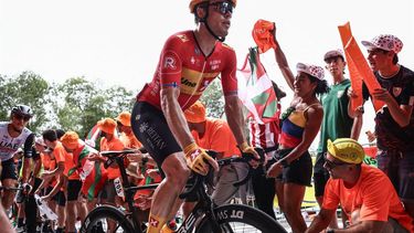 2023-07-01 17:14:35 Uno-X Pro Cycling Team's Norwegian rider Rasmus Tiller cycles in the ascent of the Col de Pike during the 1st stage of the 110th edition of the Tour de France cycling race, 182 km departing and finishing in Bilbao, in northern Spain, on July 1, 2023. 
Anne-Christine POUJOULAT / AFP