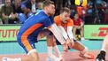 epa10857453 The Netherlands' Gijs Jorna and The Netherlands' Robbert Andringa in action during the EuroVolley Men 2023 quarter final match between Italy and the Netherlands, in Bari, Italy, 12 September 2023.  EPA/NICOLA MASTRONARDI