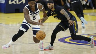 epa12095301 Minnesota Timberwolves guard Anthony Edwards (L) and Golden State Warriors guard Gary Payton II (R) in action during the first half of the NBA Playoffs Western conference semifinals game four between the Minnesota Timberwolves and Golden Sate Warriors in San Francisco, California, USA, 12 May 2025.  EPA/JOHN G. MABANGLO  SHUTTERSTOCK OUT